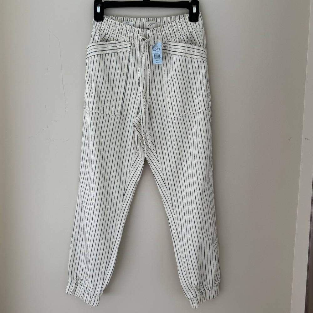 LOFT Outlet Petite XXS Cream‎ Striped Jogger Pants Drawstring Elastic Waist